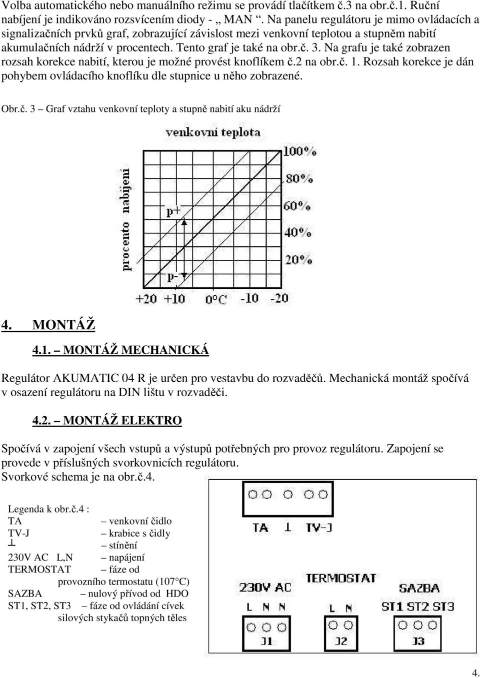 Na grafu je také zobrazen rozsah korekce nabití, kterou je možné provést knoflíkem č.2 na obr.č. 1. Rozsah korekce je dán pohybem ovládacího knoflíku dle stupnice u něho zobrazené. Obr.č. 3 Graf vztahu venkovní teploty a stupně nabití aku nádrží 4.