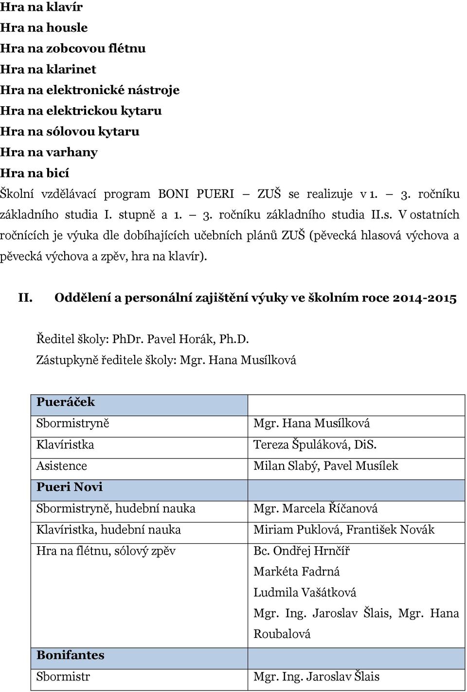 II. Oddělení a personální zajištění výuky ve školním roce 2014-2015 Ředitel školy: Zástupkyně ředitele školy: Mgr.