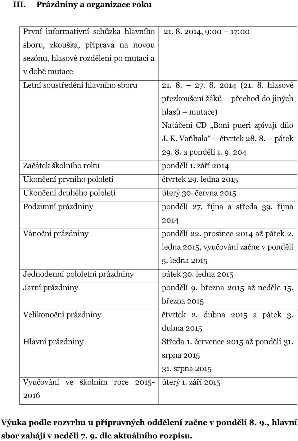 27. 8. 2014 (21. 8. hlasové přezkoušení žáků přechod do jiných hlasů mutace) Natáčení CD Boni pueri zpívají dílo J. K. Vaňhala čtvrtek 28. 8. pátek 29. 8. a pondělí 1. 9.