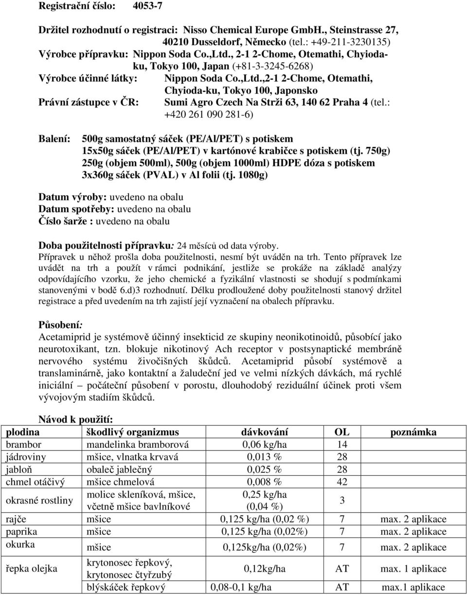 ,2-1 2-Chome, Otemathi, Chyioda-ku, Tokyo 100, Japonsko Právní zástupce v ČR: Sumi Agro Czech Na Strži 63, 140 62 Praha 4 (tel.
