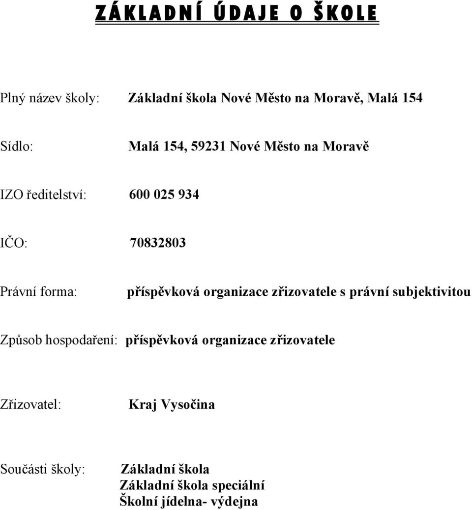 organizace zřizovatele s právní subjektivitou Způsob hospodaření: příspěvková organizace