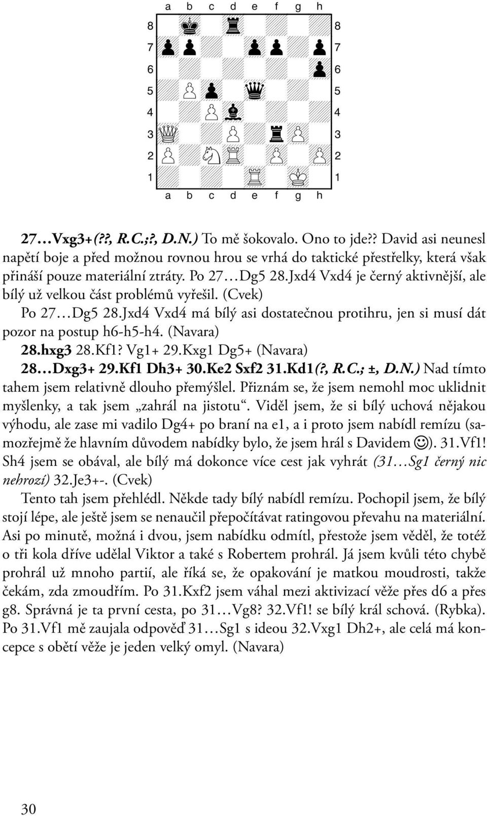 Jxd4 Vxd4 je černý aktivnější, ale bílý už velkou část problémů vyřešil. (Cvek) Po 27 Dg5 28.Jxd4 Vxd4 má bílý asi dostatečnou protihru, jen si musí dát pozor na postup h6-h5-h4. 28.hxg3 28.Kf1?