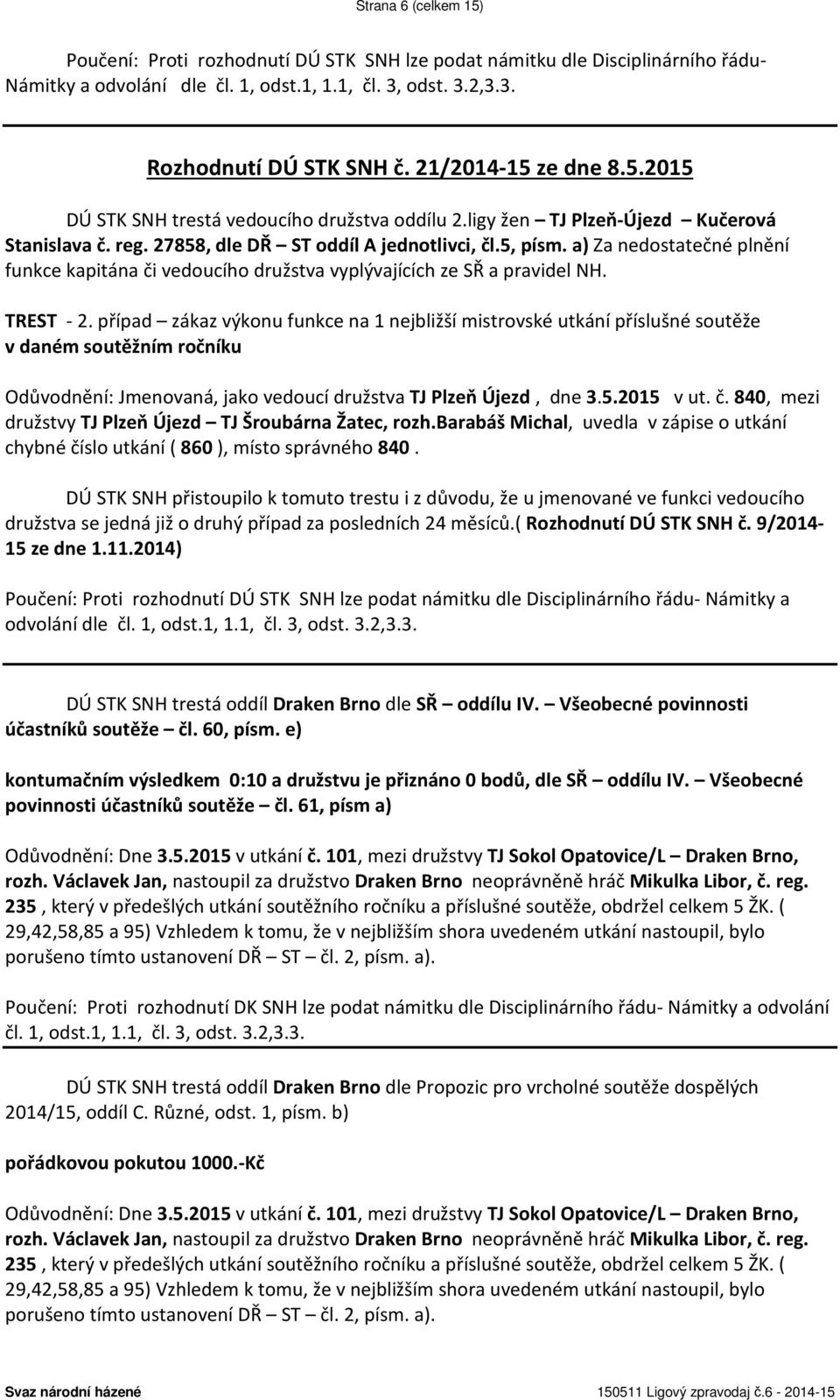 a) Za nedostatečné plnění funkce kapitána či vedoucího družstva vyplývajících ze SŘ a pravidel NH. TREST - 2.