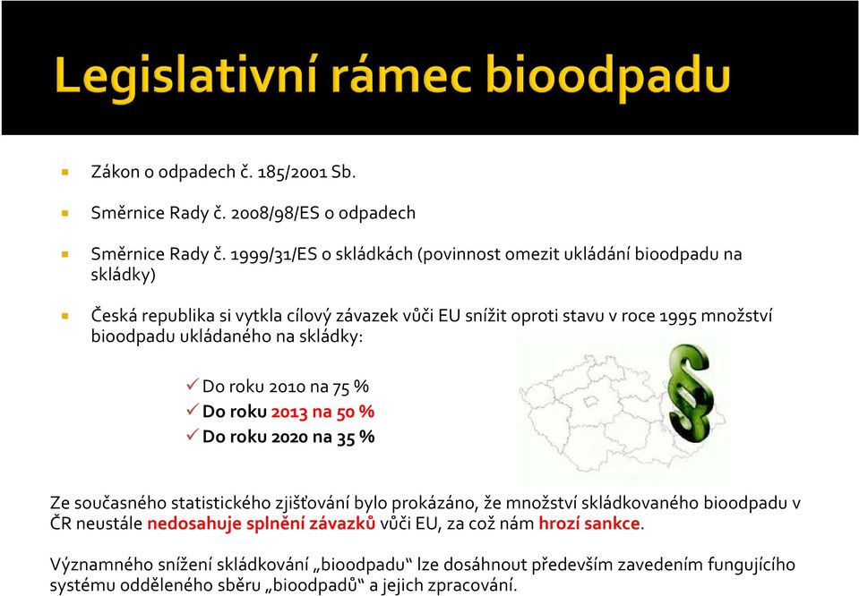 bioodpadu ukládaného na skládky: Do roku 2010 na 75 % Do roku 2013 na 50 % Do roku 2020 na 35 % Ze současného statistického zjišťování bylo prokázáno, že množství