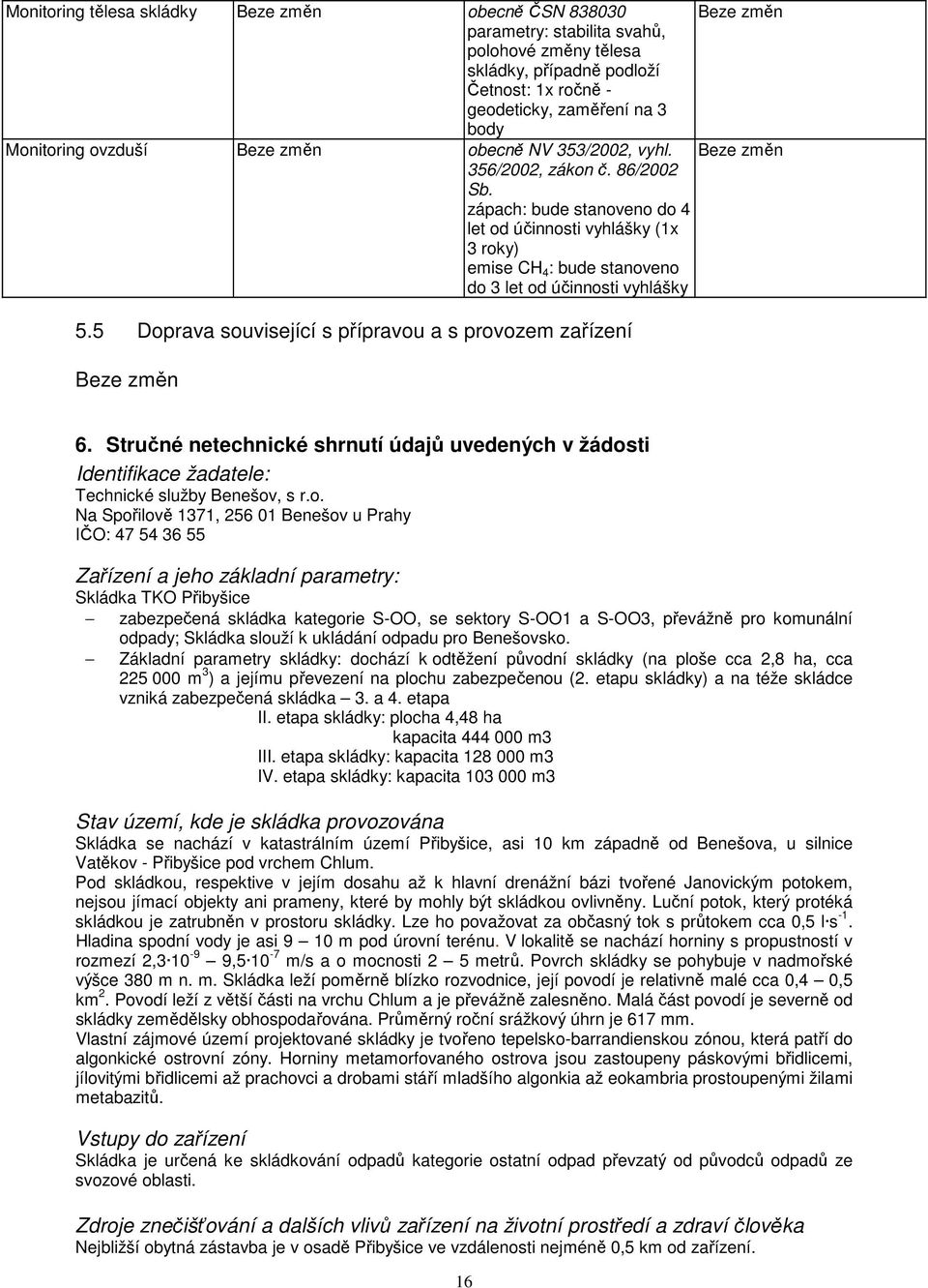 5 Doprava související s přípravou a s provozem zařízení Beze změn Beze změn Beze změn 6. Stručné netechnické shrnutí údajů uvedených v žádosti Identifikace žadatele: Technické služby Benešov, s r.o.