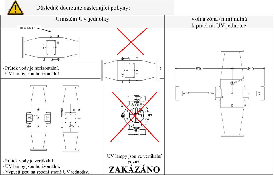 The principal purge is at the base of the reactor. 870 490 - Průtok vody je vertikální.