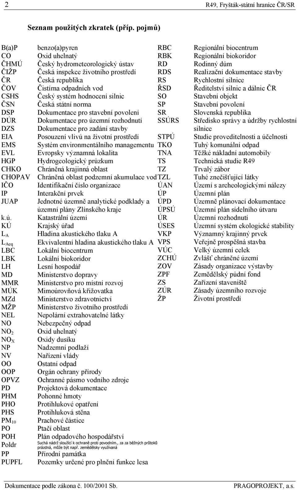 inspekce životního prostředí RDS Česká republika RS Čistírna odpadních vod ŘSD Český systém hodnocení silnic SO Česká státní norma SP Dokumentace pro stavební povolení SR Dokumentace pro územní