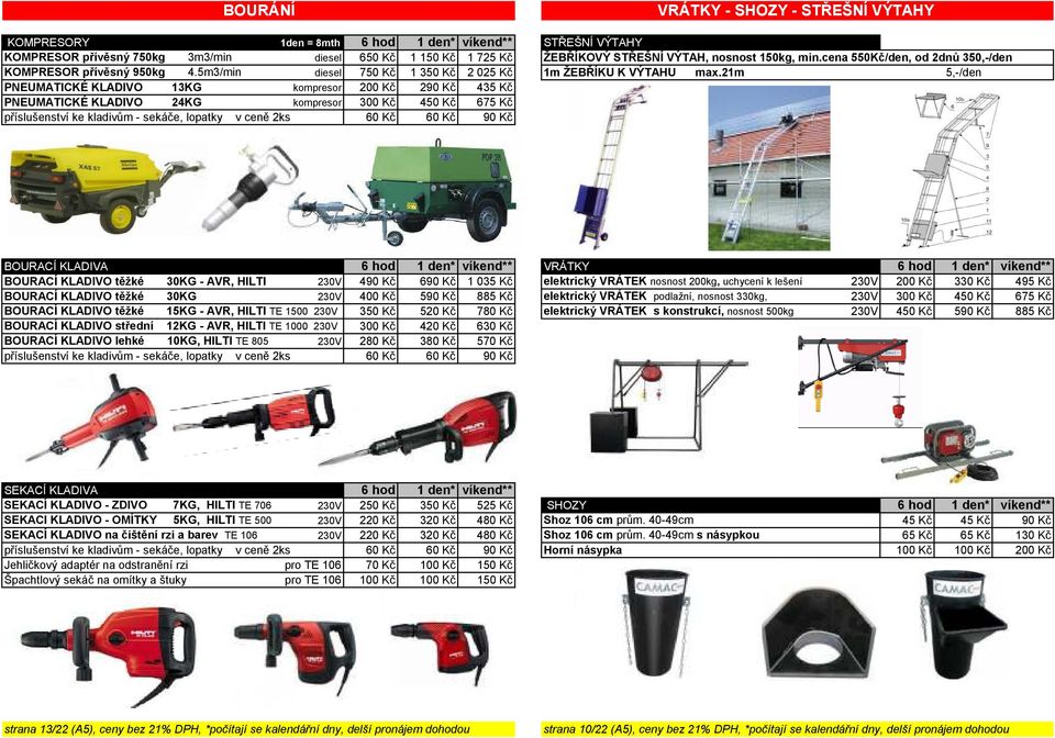 21m 5,-/den PNEUMATICKÉ KLADIVO 13KG kompresor 200 Kč 290 Kč 435 Kč PNEUMATICKÉ KLADIVO 24KG kompresor 300 Kč 450 Kč 675 Kč příslušenství ke kladivům - sekáče, lopatky v ceně 2ks 60 Kč 60 Kč 90 Kč