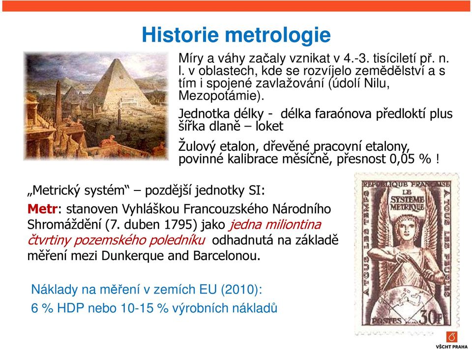 Jednotka délky - délka faraónova předloktí plus šířka dlaně loket Žulový etalon, dřevěné pracovní etalony, povinné kalibrace měsíčně, přesnost 0,05 %!