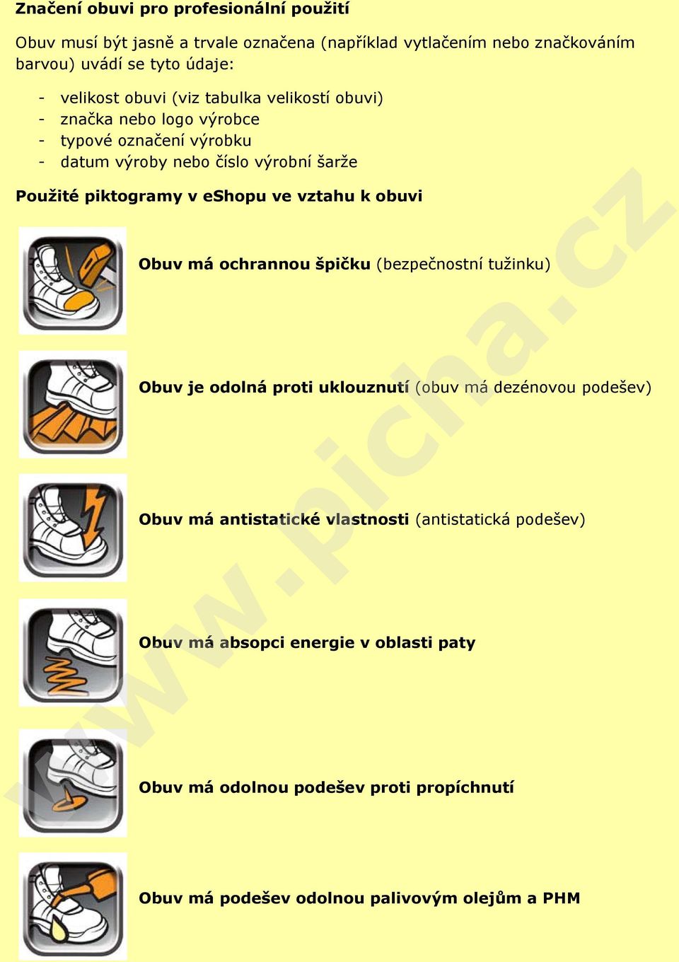 piktogramy v eshopu ve vztahu k obuvi Obuv má ochrannou špičku (bezpečnostní tužinku) Obuv je odolná proti uklouznutí (obuv má dezénovou podešev) Obuv má