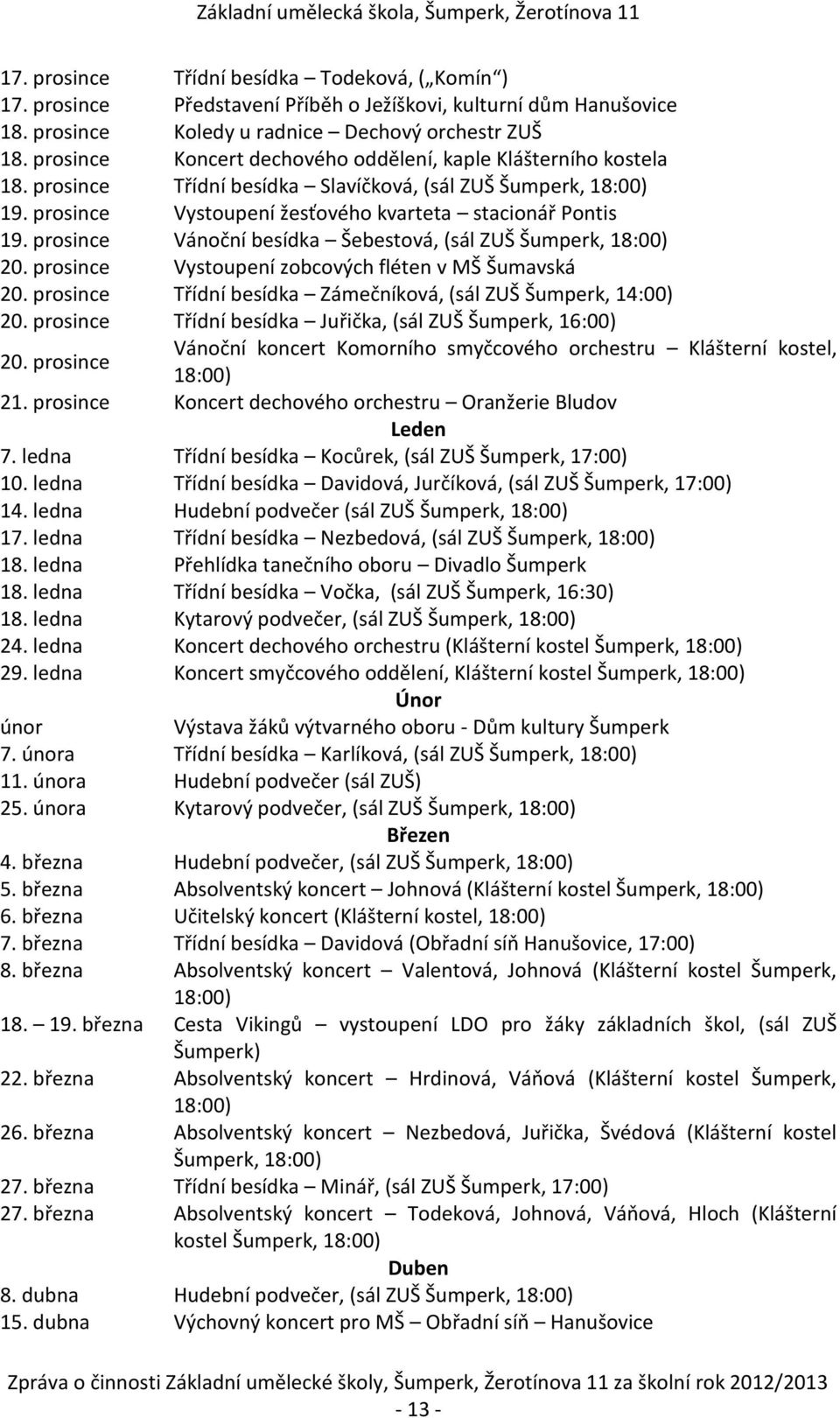 prosince Vánoční besídka Šebestová, (sál ZUŠ Šumperk, 18:00) 20. prosince Vystoupení zobcových fléten v MŠ Šumavská 20. prosince Třídní besídka Zámečníková, (sál ZUŠ Šumperk, 14:00) 20.