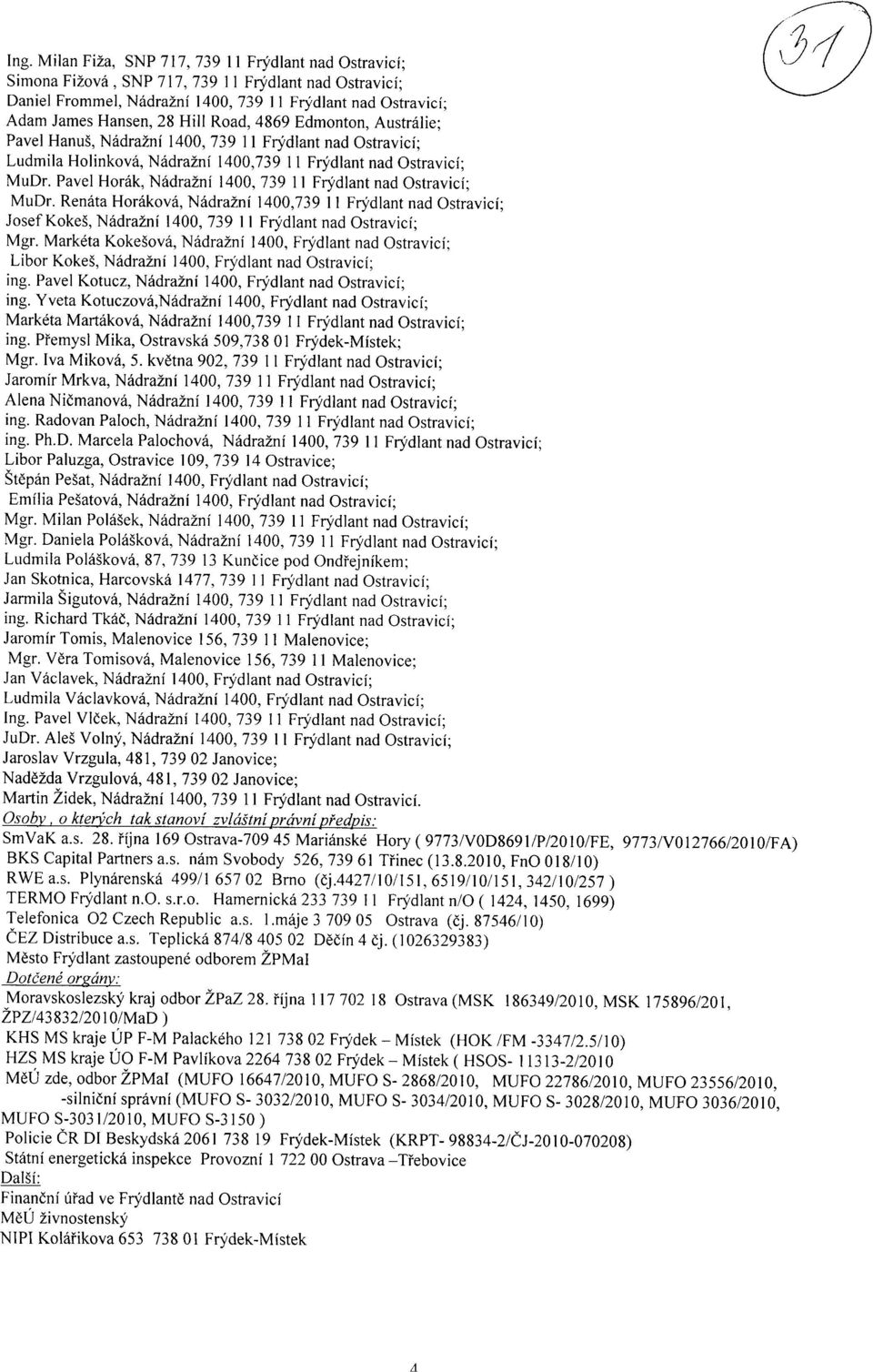 Pavel Horak, Nadrazni 1400, 739 11 Frydlant nad Ostravici; MuDr. Renata Horakova, Nadrazni 1400,739 11 Frydlant nad Ostravici; Josef Kokes, Nadrazni 1400, 739 11 Frydlant nad Ostravici; Mgr.