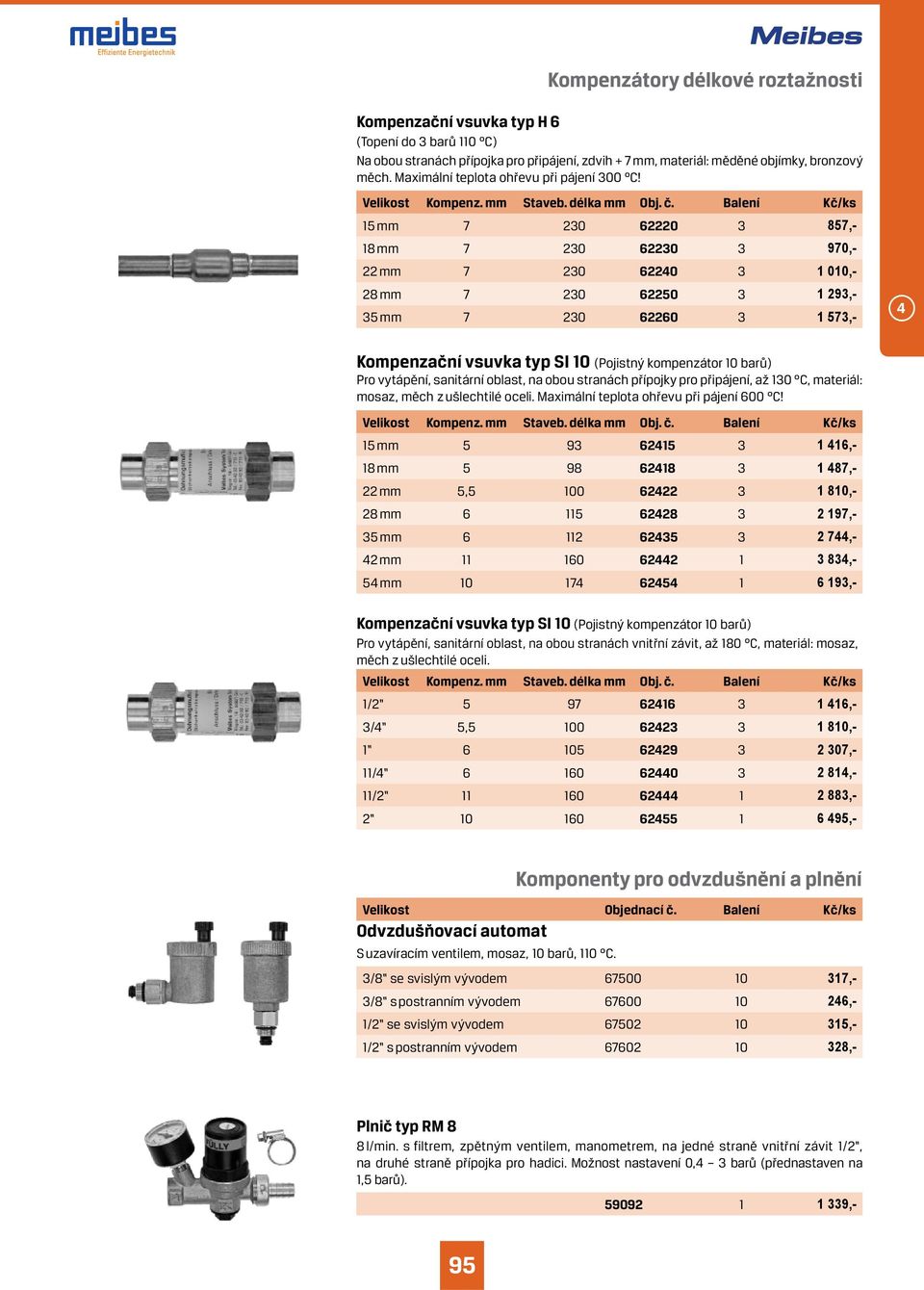 alení Kč/ks 15 mm 7 230 62220 3 857,- 18 mm 7 230 62230 3 970,- 22 mm 7 230 62240 3 1 010,- 28 mm 7 230 62250 3 1 293,- 35 mm 7 230 62260 3 1 573,- 4 Kompenzační vsuvka typ SI 10 (Pojistný