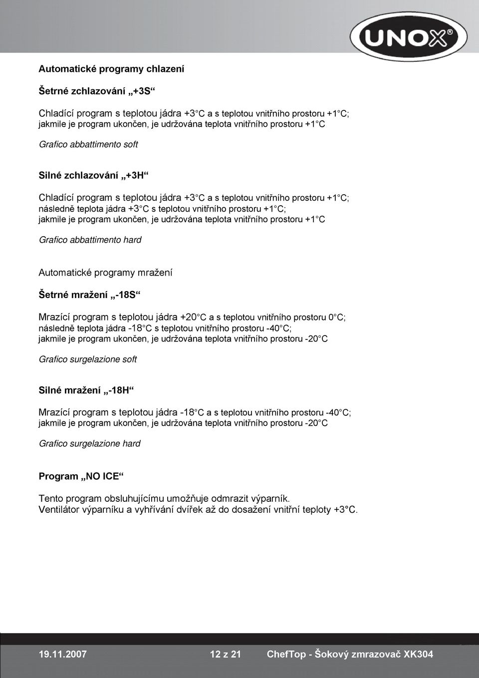 jakmile je program ukončen, je udržována teplota vnitřního prostoru +1 C Grafico abbattimento hard Automatické programy mražení Šetrné mražení -18S Mrazící program s teplotou jádra +20 C a s teplotou