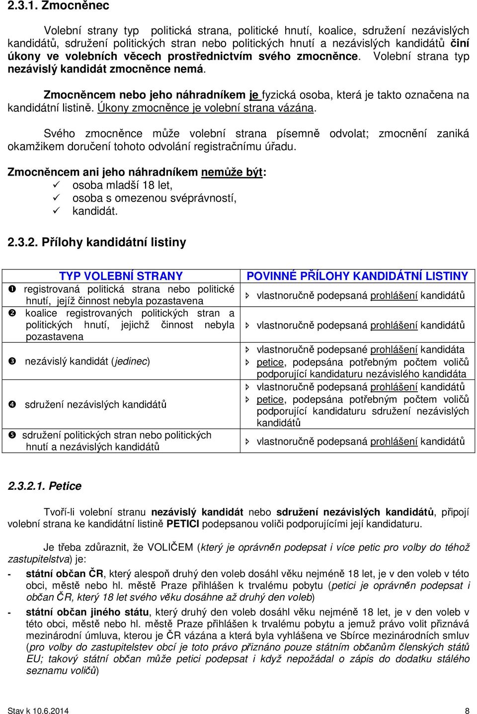 volebních věcech prostřednictvím svého zmocněnce. Volební strana typ nezávislý kandidát zmocněnce nemá.