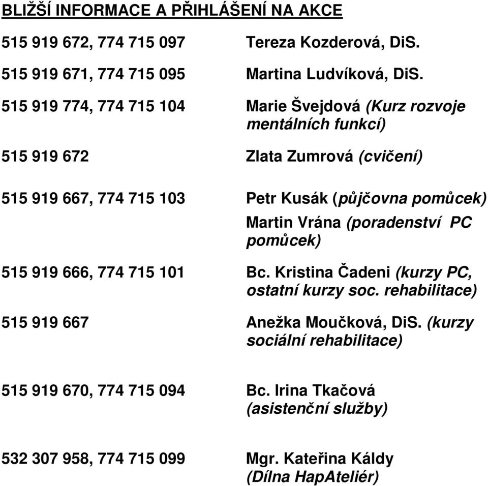 (půjčovna pomůcek) Martin Vrána (poradenství PC pomůcek) 515 919 666, 774 715 101 Bc. Kristina Čadeni (kurzy PC, ostatní kurzy soc.