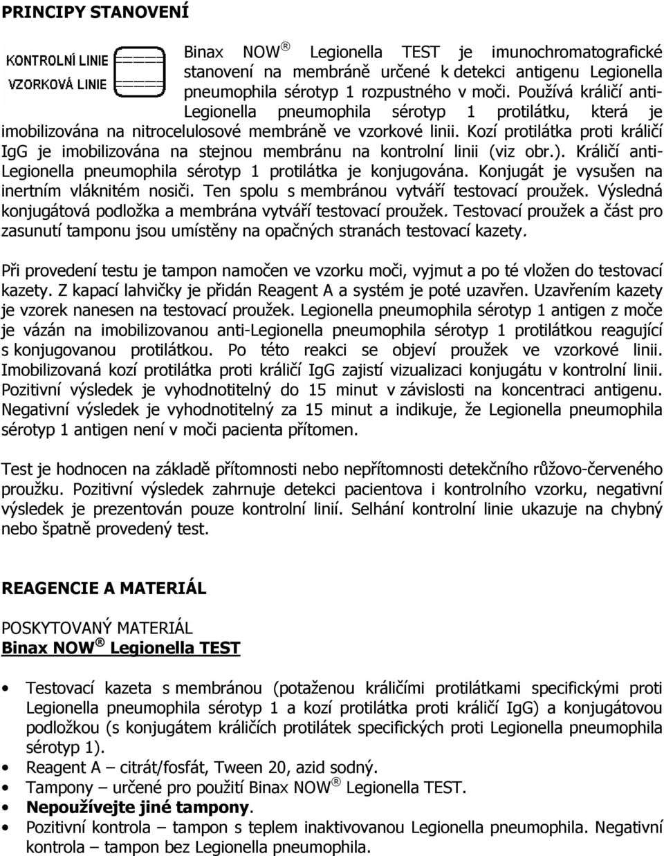 Kozí protilátka proti králičí IgG je imobilizována na stejnou membránu na kontrolní linii (viz obr.). Králičí anti- Legionella pneumophila sérotyp 1 protilátka je konjugována.