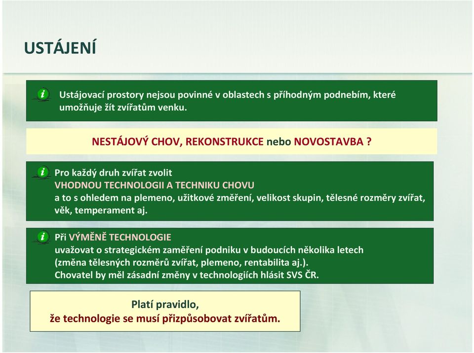 Pro každý druh zvířat zvolit VHODNOU TECHNOLOGII A TECHNIKU CHOVU a to sohledem na plemeno, užitkovézměření, velikost skupin, tělesnérozměry zvířat,