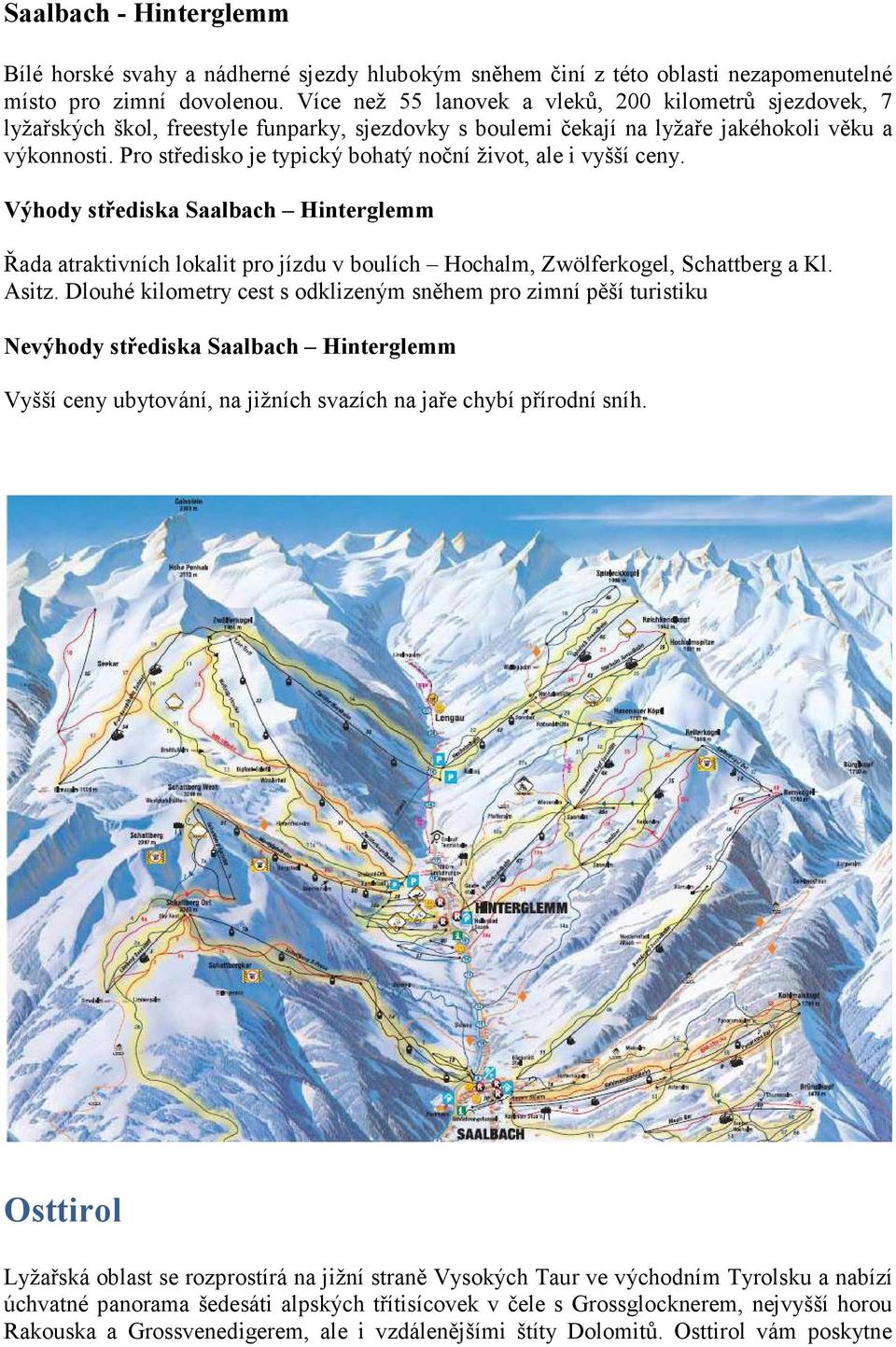 Pro středisko je typický bohatý noční život, ale i vyšší ceny. Výhody střediska Saalbach Hinterglemm Řada atraktivních lokalit pro jízdu v boulích Hochalm, Zwölferkogel, Schattberg a Kl. Asitz.