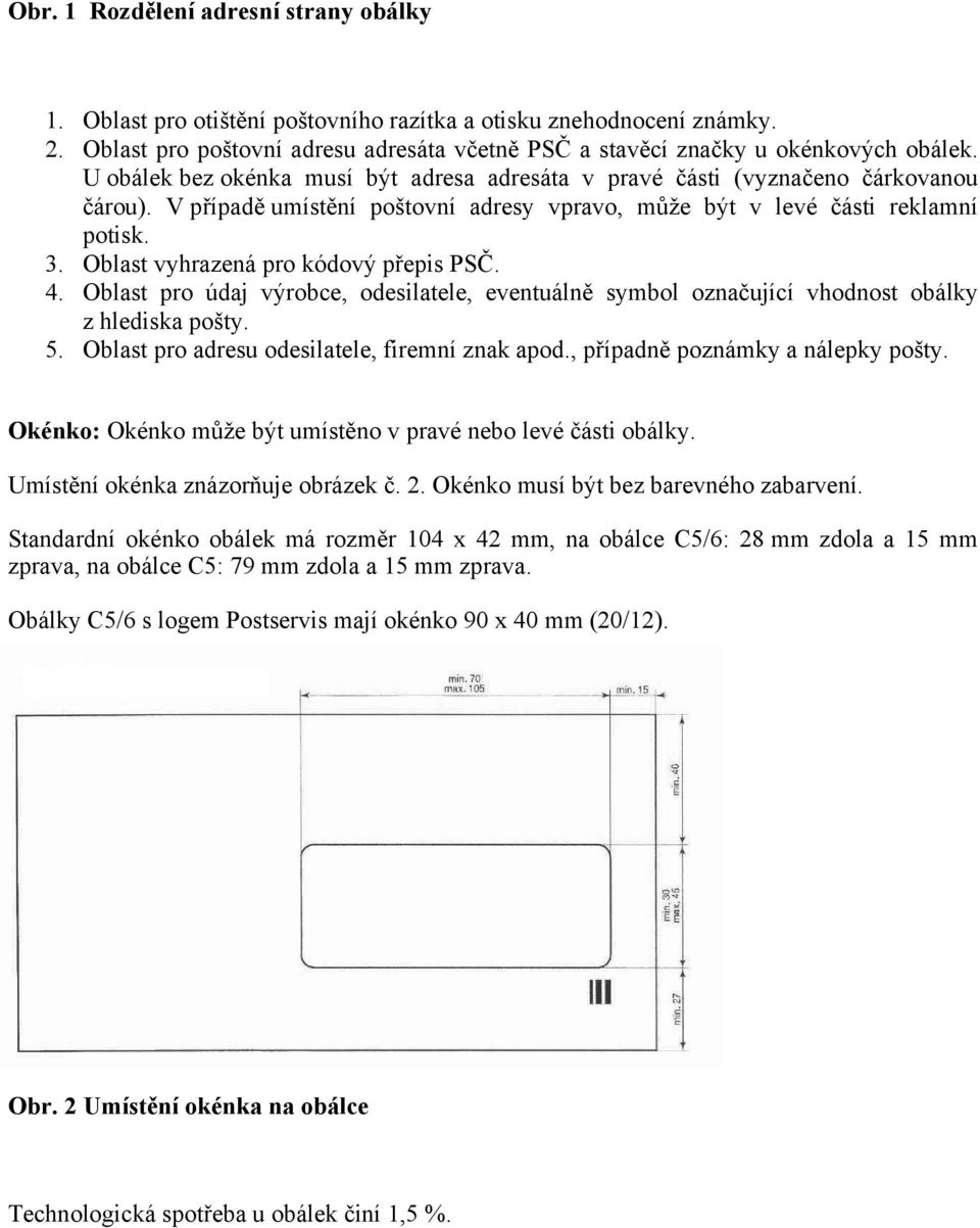 Oblast vyhrazená pro kódový přepis PSČ. 4. Oblast pro údaj výrobce, odesilatele, eventuálně symbol označující vhodnost obálky z hlediska pošty. 5. Oblast pro adresu odesilatele, firemní znak apod.