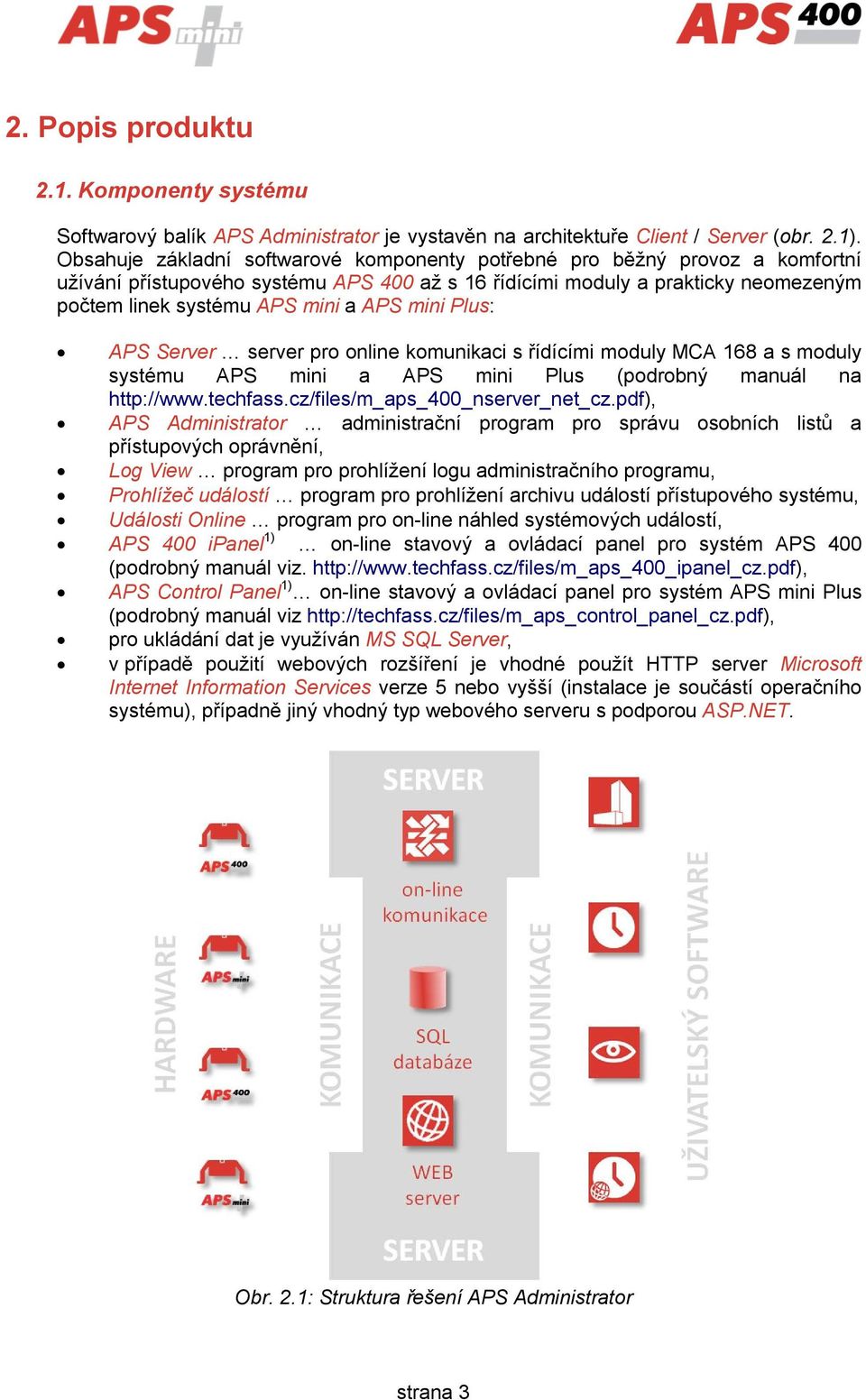 mini Plus: APS Server server pro online komunikaci s řídícími moduly MCA 168 a s moduly systému APS mini a APS mini Plus (podrobný manuál na http://www.techfass.cz/files/m_aps_400_nserver_net_cz.