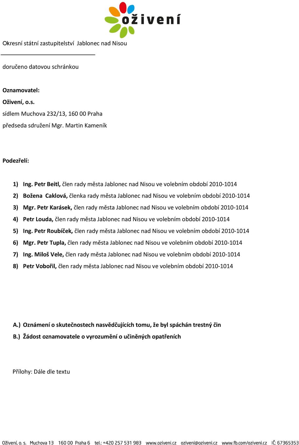 Petr Karásek, člen rady města Jablonec nad Nisou ve volebním období 2010-1014 4) Petr Louda, člen rady města Jablonec nad Nisou ve volebním období 2010-1014 5) Ing.