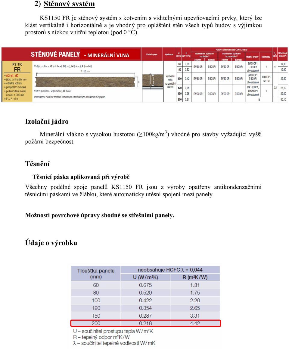 - MINERÁLNÍ VLNA Izolační jádro Minerální vlákno s vysokou hustotou ( 100kg/m 3 ) vhodné pro stavby vyžadující vyšší požární bezpečnost.