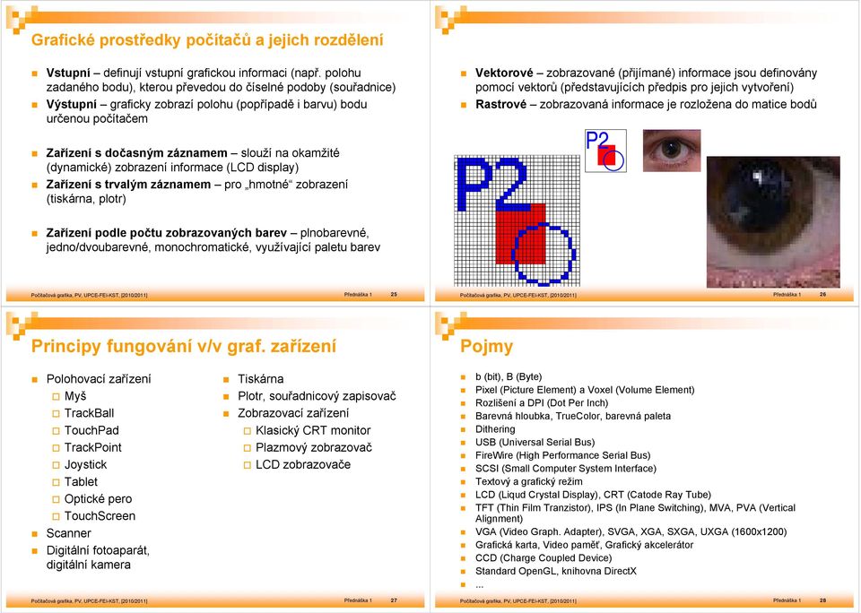 (dynamické) zobrazení informace (LCD display) Zařízení s trvalým záznamem pro hmotné zobrazení (tiskárna, plotr) Vektorové zobrazované (přijímané) informace jsou definovány pomocí vektorů