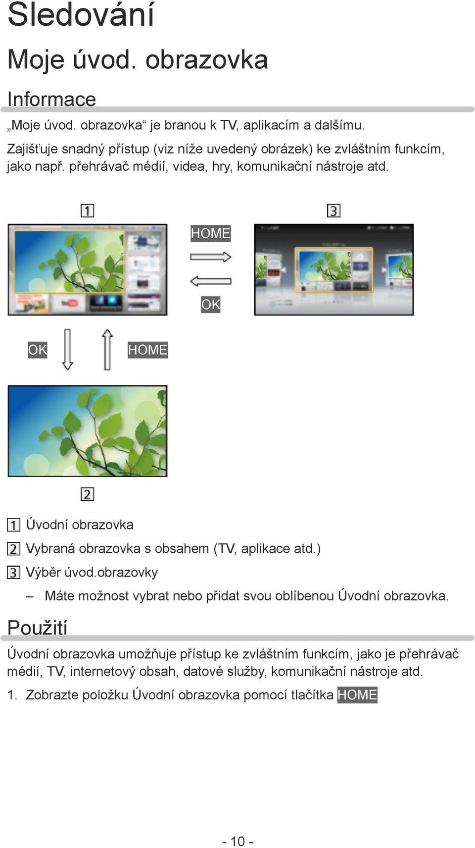 HOME OK OK HOME Úvodní obrazovka Vybraná obrazovka s obsahem (TV, aplikace atd.) Výběr úvod.