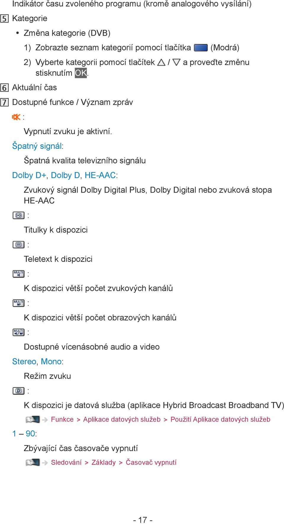 Špatný signál: Špatná kvalita televizního signálu Dolby D+, Dolby D, HE-AAC: Zvukový signál Dolby Digital Plus, Dolby Digital nebo zvuková stopa HE-AAC : Titulky k dispozici : Teletext k dispozici :