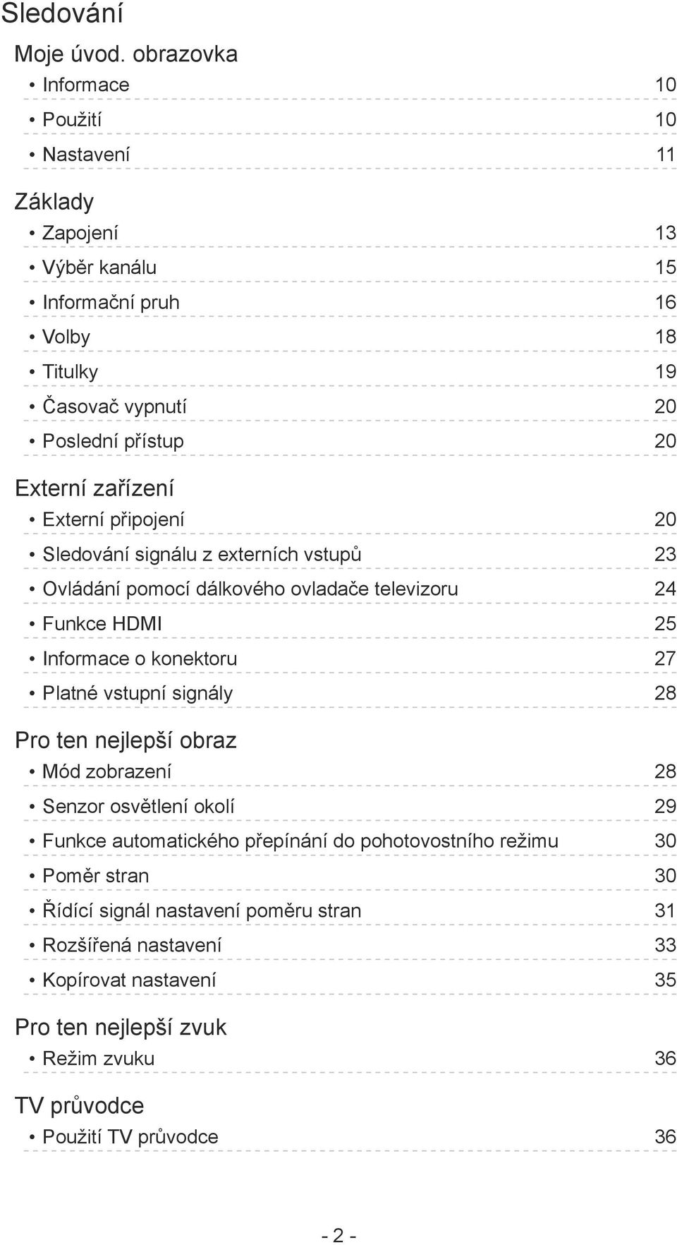 zařízení Externí připojení 20 Sledování signálu z externích vstupů 23 Ovládání pomocí dálkového ovladače televizoru 24 Funkce HDMI 25 Informace o konektoru 27 Platné