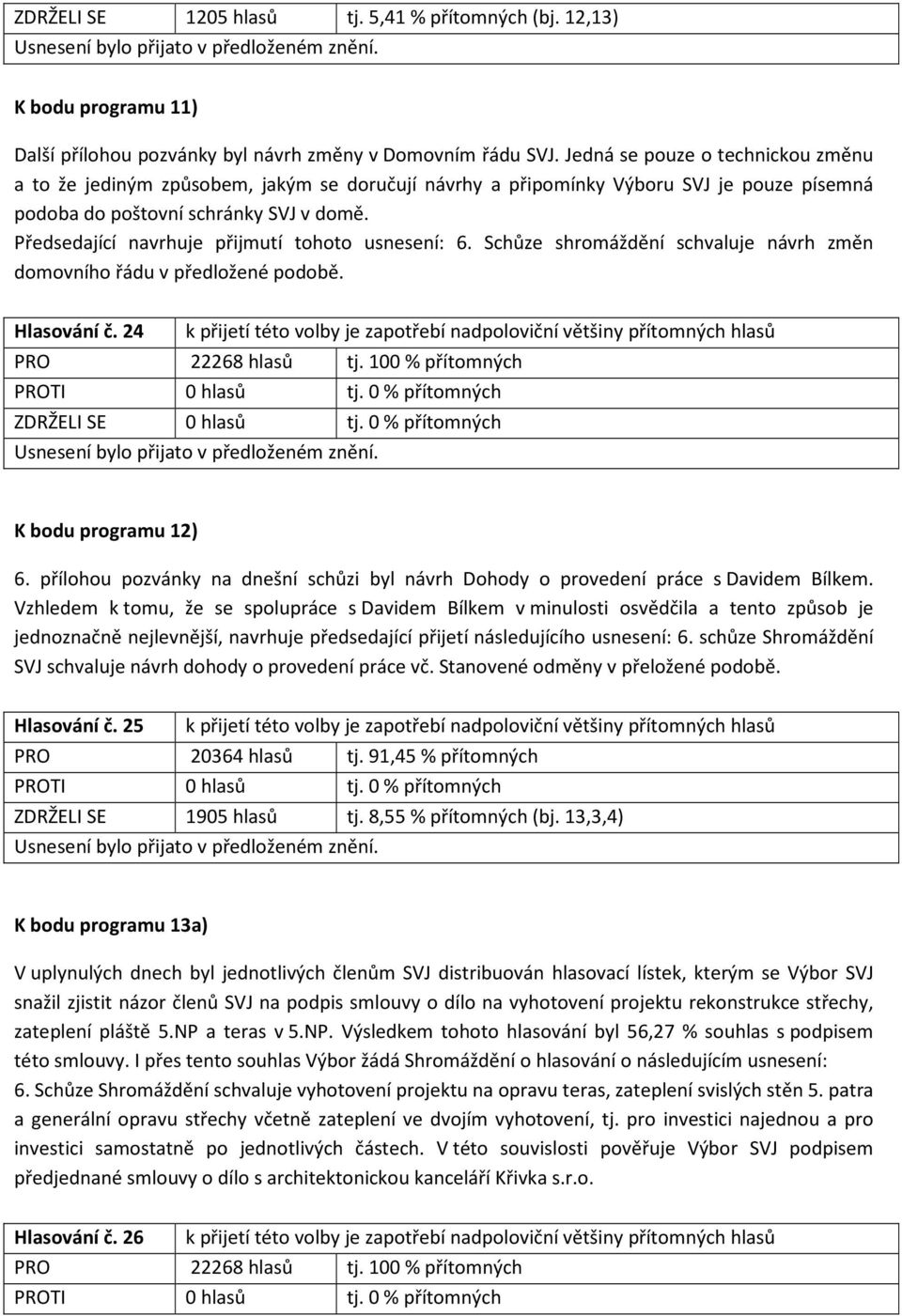 Předsedající navrhuje přijmutí tohoto usnesení: 6. Schůze shromáždění schvaluje návrh změn domovního řádu v předložené podobě. Hlasování č. 24 PRO 22268 hlasů tj.