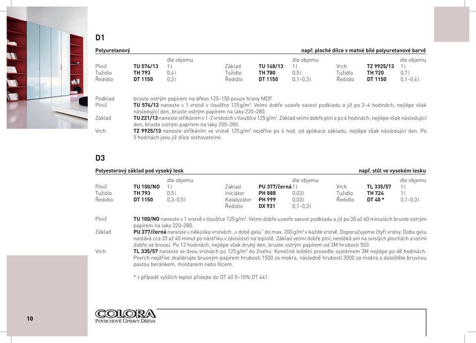 DT 1150 0,1 0,3 l Ředidlo DT 1150 0,1 0,4 l Podklad Plnič Základ Vrch bruste ostrým papírem na dřevo 120 150 pouze hrany MDF TU 574/13 naneste v 1 vrstvě v tloušťce 125 g/m ².