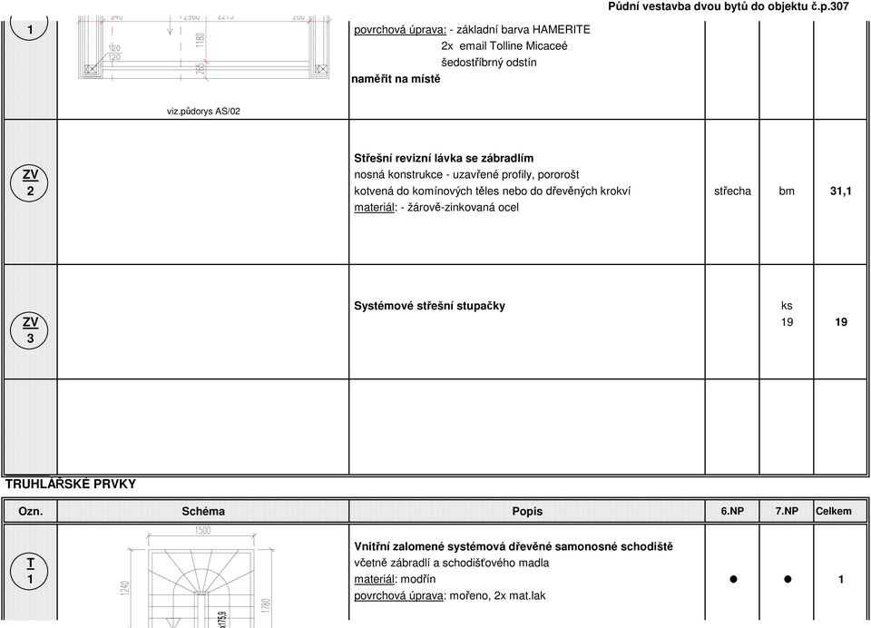 půdorys AS/02 Střešní revizní lávka se zábradlím ZV nosná konstrukce - uzavřené profily, pororošt 2 kotvená do komínových těles nebo do dřevěných