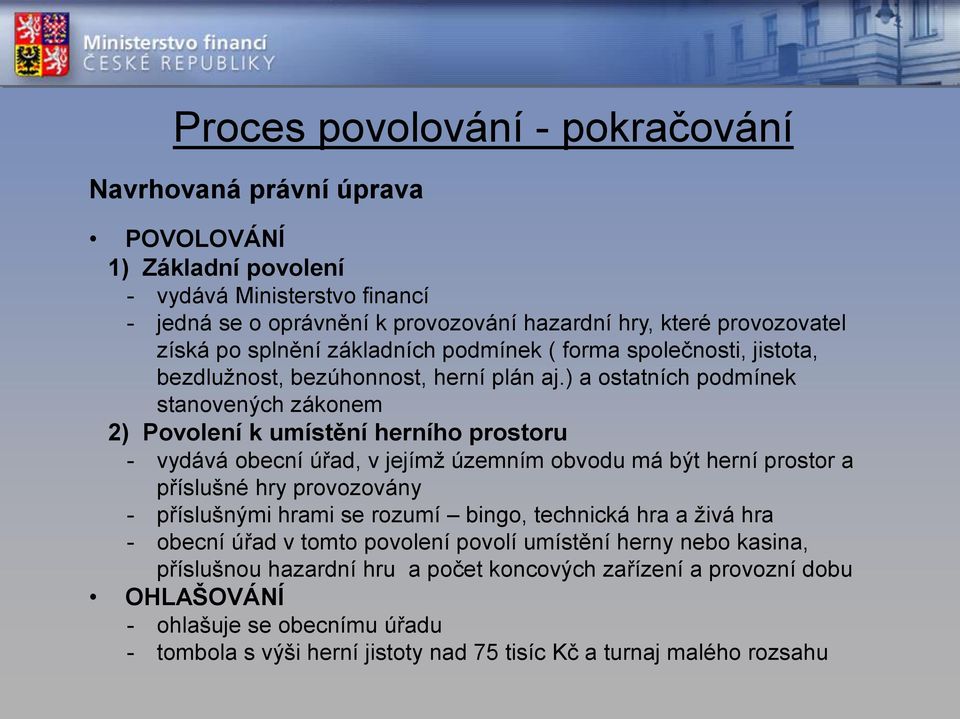 ) a ostatních podmínek stanovených zákonem 2) Povolení k umístění herního prostoru - vydává obecní úřad, v jejímž územním obvodu má být herní prostor a příslušné hry provozovány -