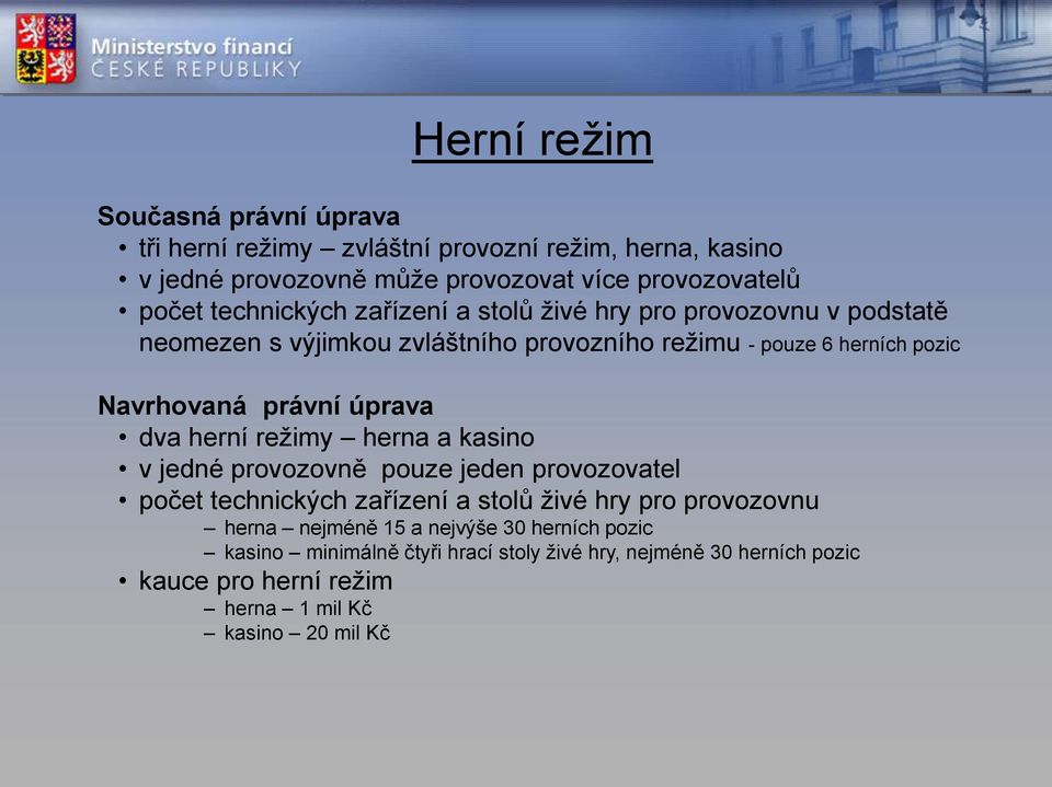 herní režimy herna a kasino v jedné provozovně pouze jeden provozovatel počet technických zařízení a stolů živé hry pro provozovnu herna nejméně 15