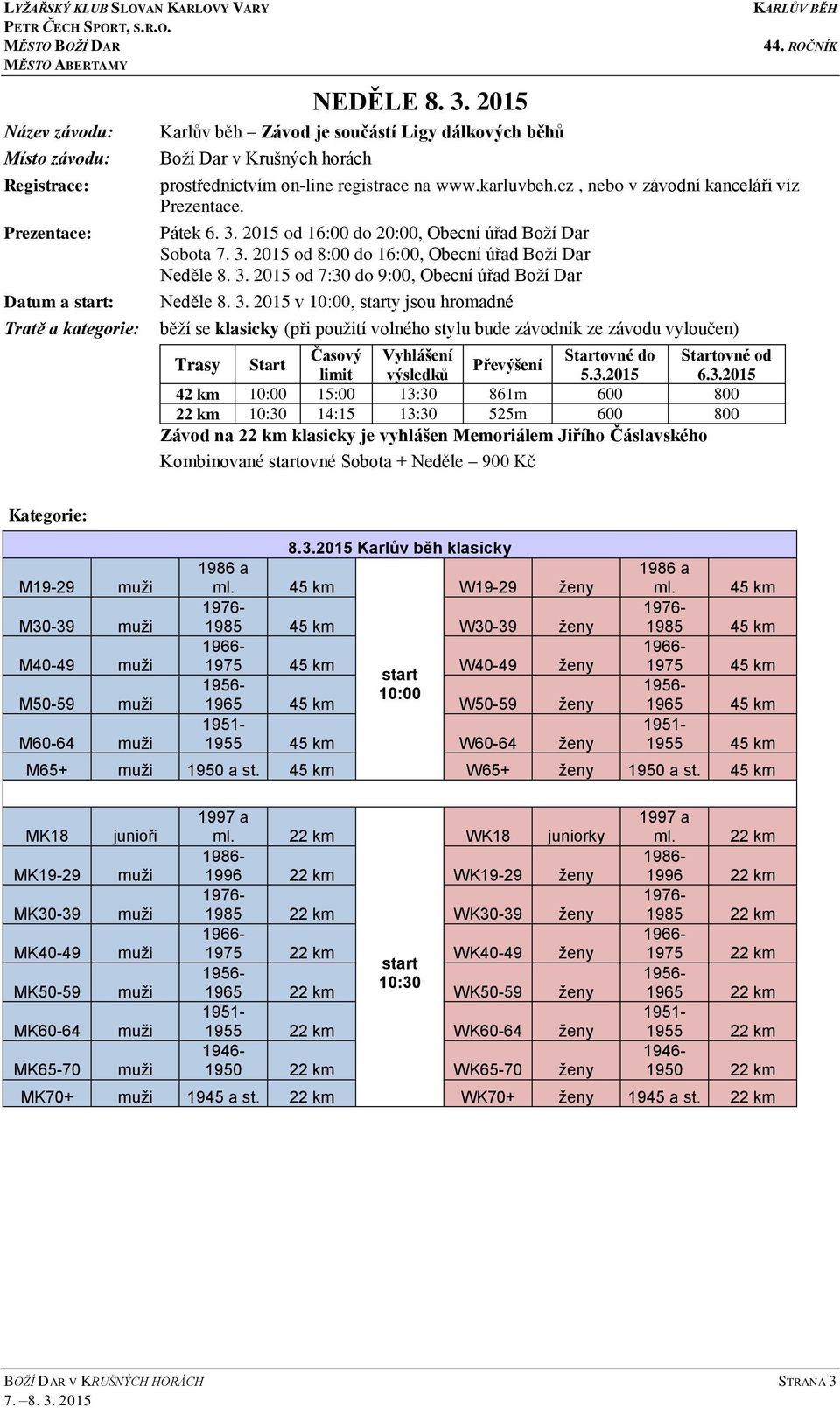 3. 2015 v 10:00, y jsou hromadné běží se klasicky (při použití volného stylu bude závodník ze závodu vyloučen) Trasy Start Časový Vyhlášení Startovné do Startovné od Převýšení limit výsledků 5.3.2015 6.