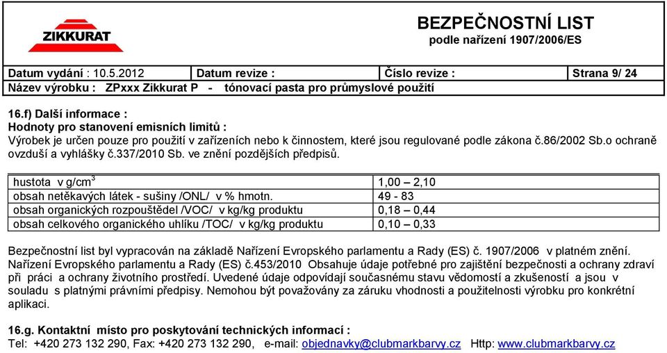 o ochraně ovzduší a vyhlášky č.337/2010 Sb. ve znění pozdějších předpisů. hustota v g/cm 3 1,00 2,10 obsah netěkavých látek - sušiny /ONL/ v % hmotn.