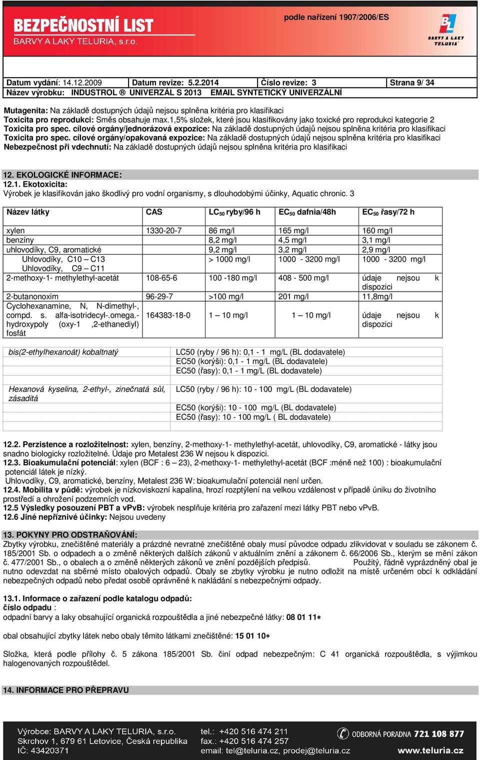 cílové orgány/jednorázová expozice: Na základě dostupných údajů nejsou splněna kritéria pro klasifikaci Toxicita pro spec.