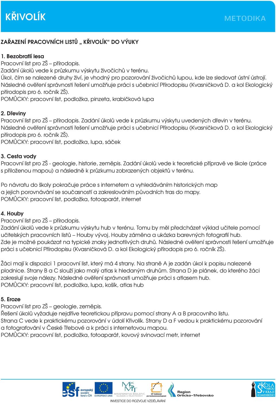 a kol Ekologický přírodopis pro 6. ročník ZŠ). POMŮCKY: pracovní list, podložka, pinzeta, krabičková lupa 2. Dřeviny Pracovní list pro ZŠ přírodopis.
