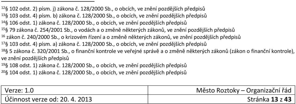 , o krizovém řízení a o změně některých zákonů, ve znění pozdějších předpisů 17 103 odst. 4) písm. a) zákona č. 128/2000 Sb., o obcích, ve znění pozdějších předpisů 18 5 zákona č. 320/2001 Sb.