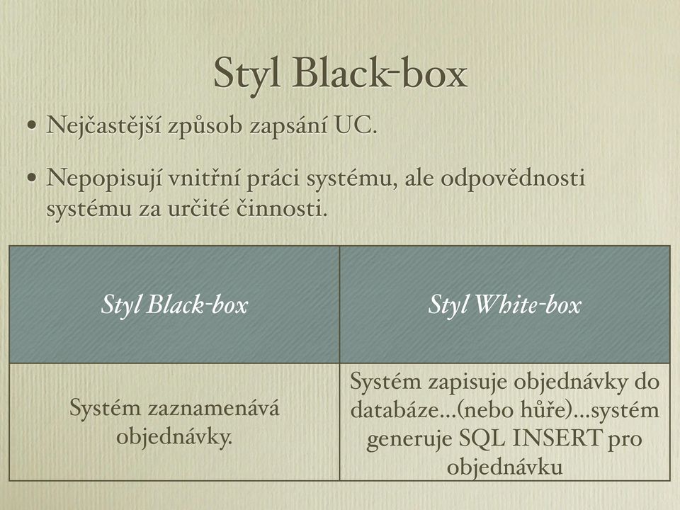 činnosti. Styl Black-box Styl White-box Systém zaznamenává objednávky.