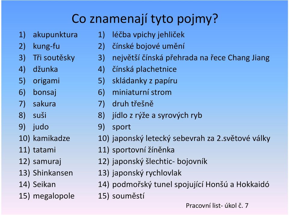 1) léčba vpichy jehliček 2) čínské bojové umění 3) největší čínská přehrada na řece Chang Jiang 4) čínská plachetnice 5) skládanky z papíru 6) miniaturní