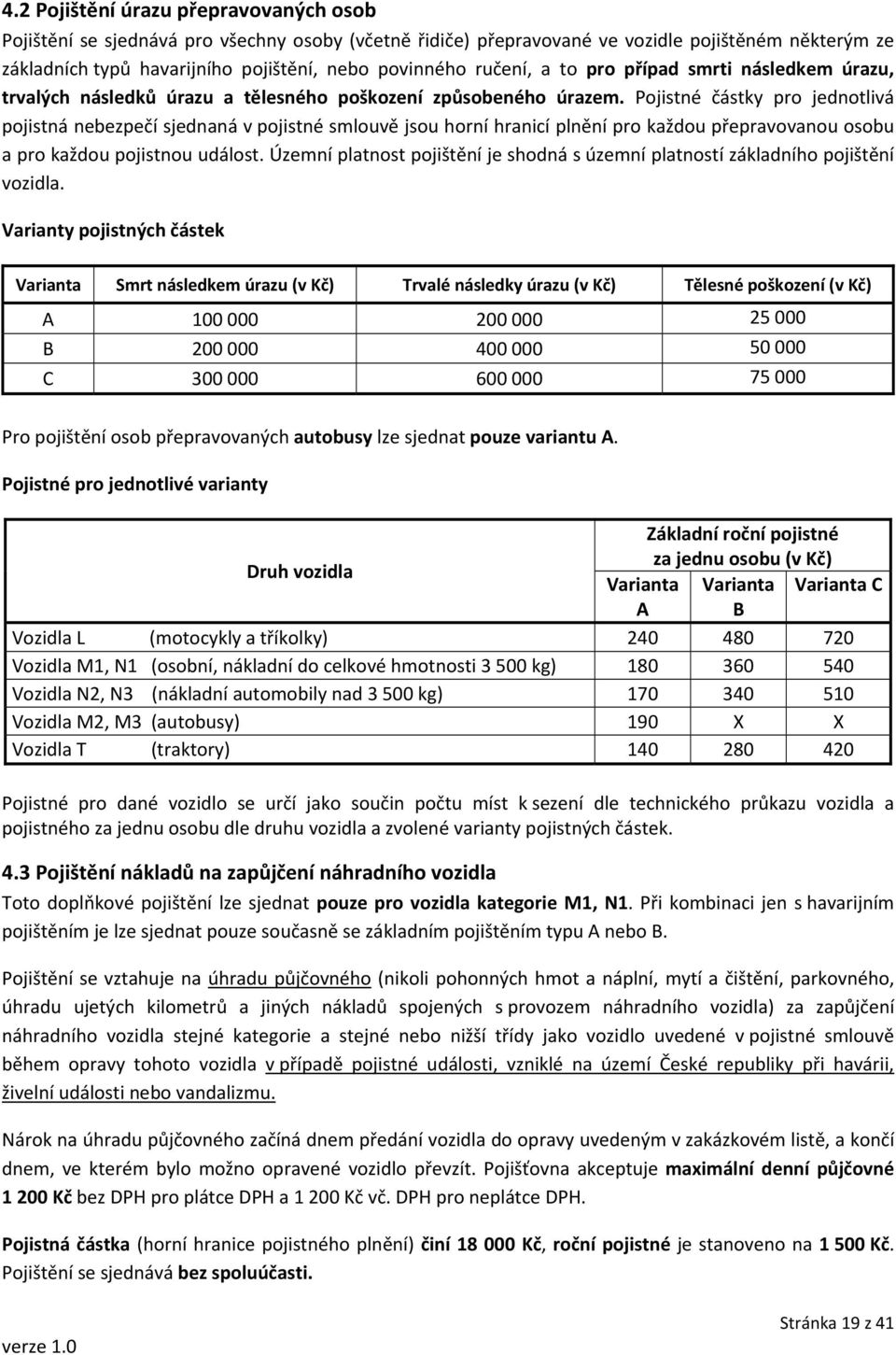 Pojistné částky pro jednotlivá pojistná nebezpečí sjednaná v pojistné smlouvě jsou horní hranicí plnění pro každou přepravovanou osobu a pro každou pojistnou událost.