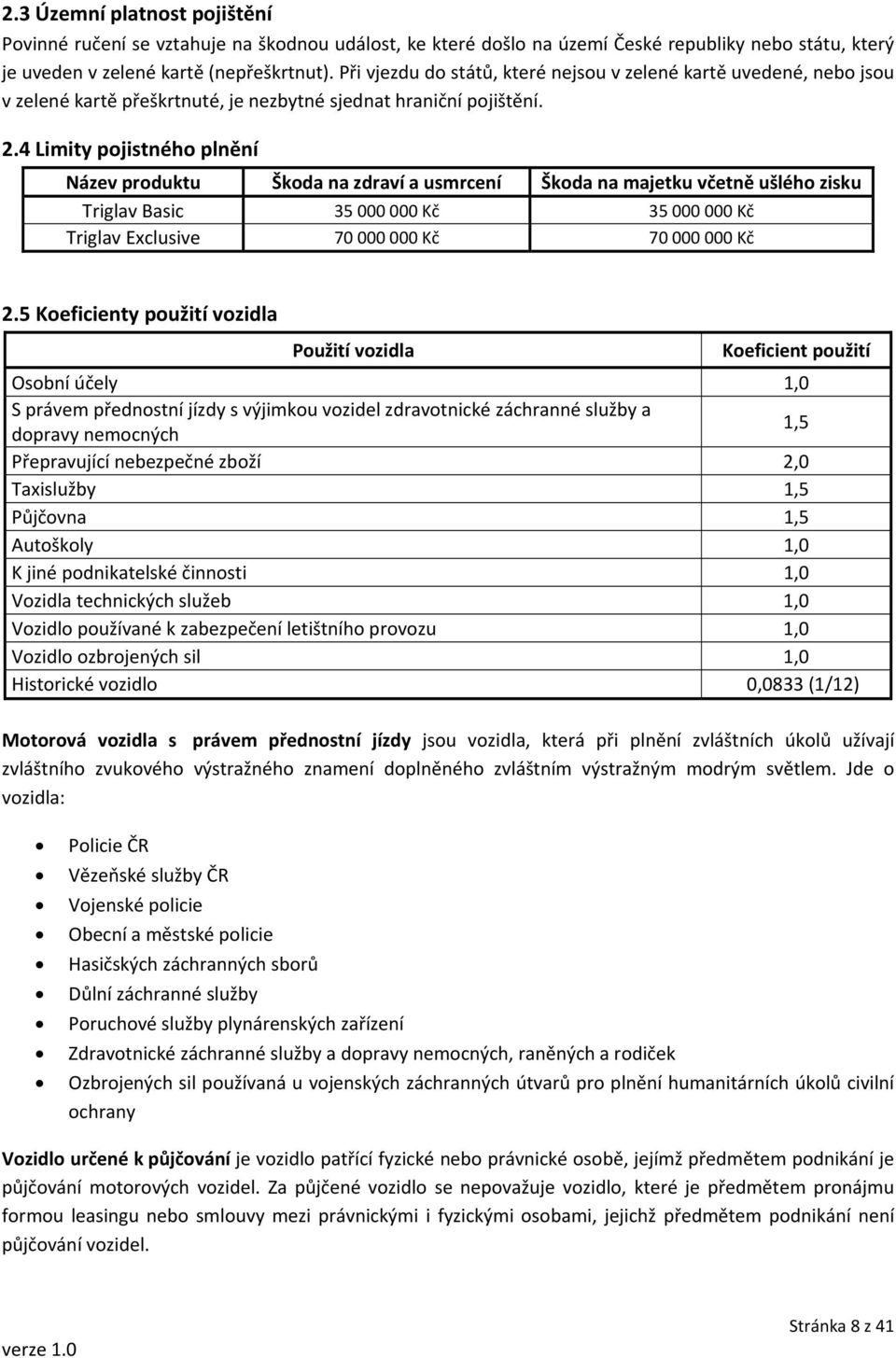 4 Limity pojistného plnění Název produktu Škoda na zdraví a usmrcení Škoda na majetku včetně ušlého zisku Triglav Basic 35 000 000 Kč 35 000 000 Kč Triglav Exclusive 70 000 000 Kč 70 000 000 Kč 2.