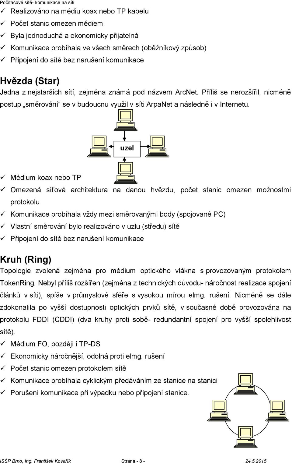 uzel Médium koax nebo TP Omezená síťová architektura na danou hvězdu, počet stanic omezen možnostmi protokolu Komunikace probíhala vždy mezi směrovanými body (spojované PC) Vlastní směrování bylo