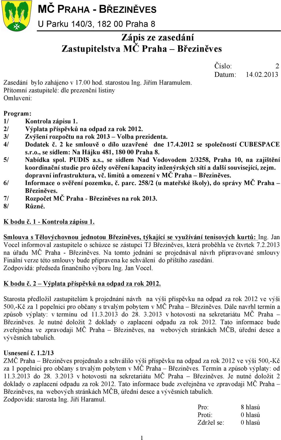 3/ Zvýšení rozpočtu na rok 2013 Volba prezidenta. 4/ Dodatek č. 2 ke smlouvě o dílo uzavřené dne 17.4.2012 se společností CUBESPACE s.r.o., se sídlem: Na Hájku 481, 180 00 Praha 8. 5/ Nabídka spol.