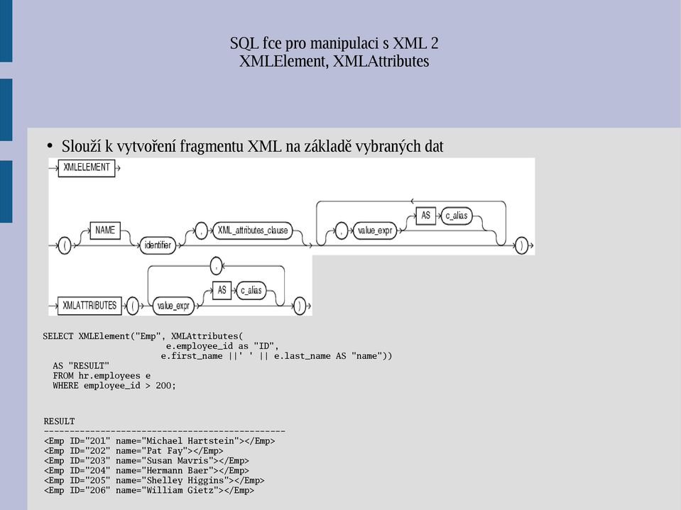 employees e WHERE employee_id > 200; RESULT ----------------------------------------------- <Emp ID="201" name="michael Hartstein"></Emp> <Emp