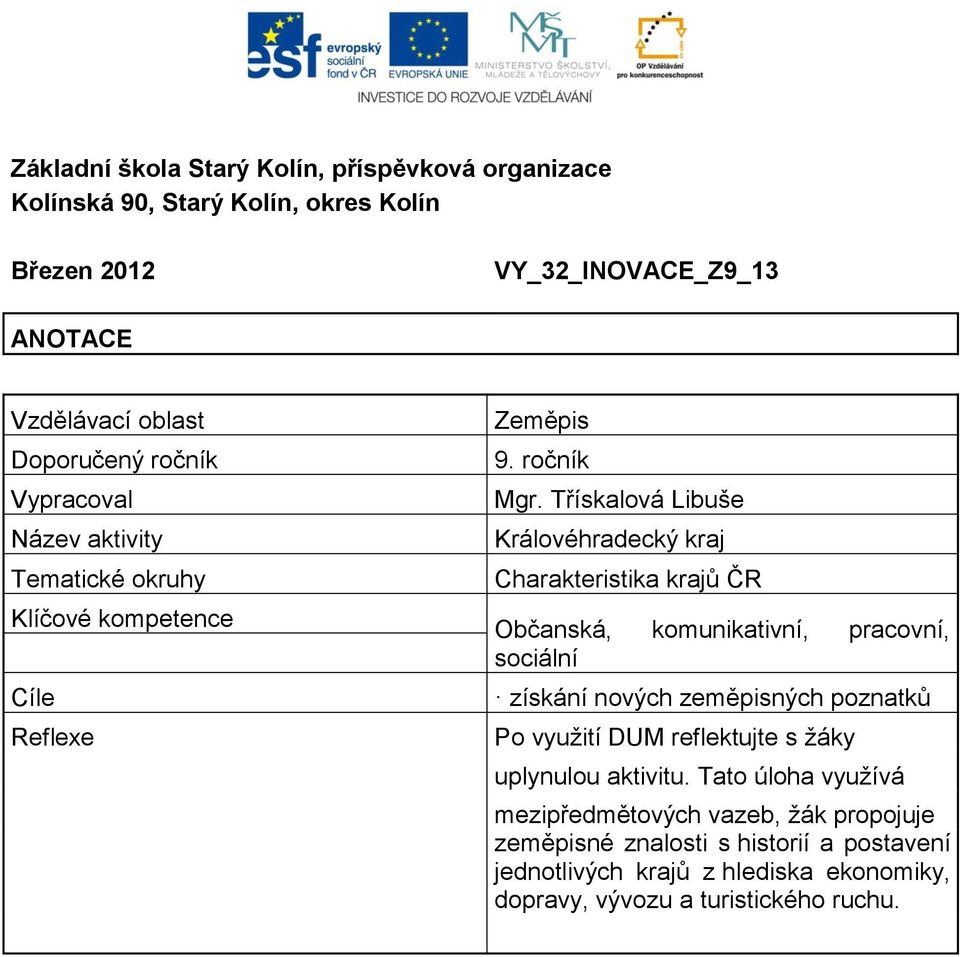 Třískalová Libuše Královéhradecký kraj Charakteristika krajů ČR Občanská, komunikativní, pracovní, sociální získání nových zeměpisných poznatků Po využití DUM