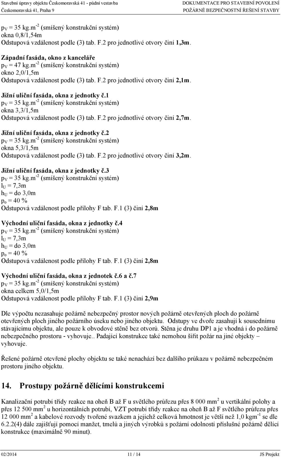 1 okna 3,3/1,5m Odstupová vzdálenost podle (3) tab. F.2 pro jednotlivé otvory činí 2,7m. Jižní uliční fasáda, okna z jednotky č.2 okna 5,3/1,5m Odstupová vzdálenost podle (3) tab. F.2 pro jednotlivé otvory činí 3,2m.